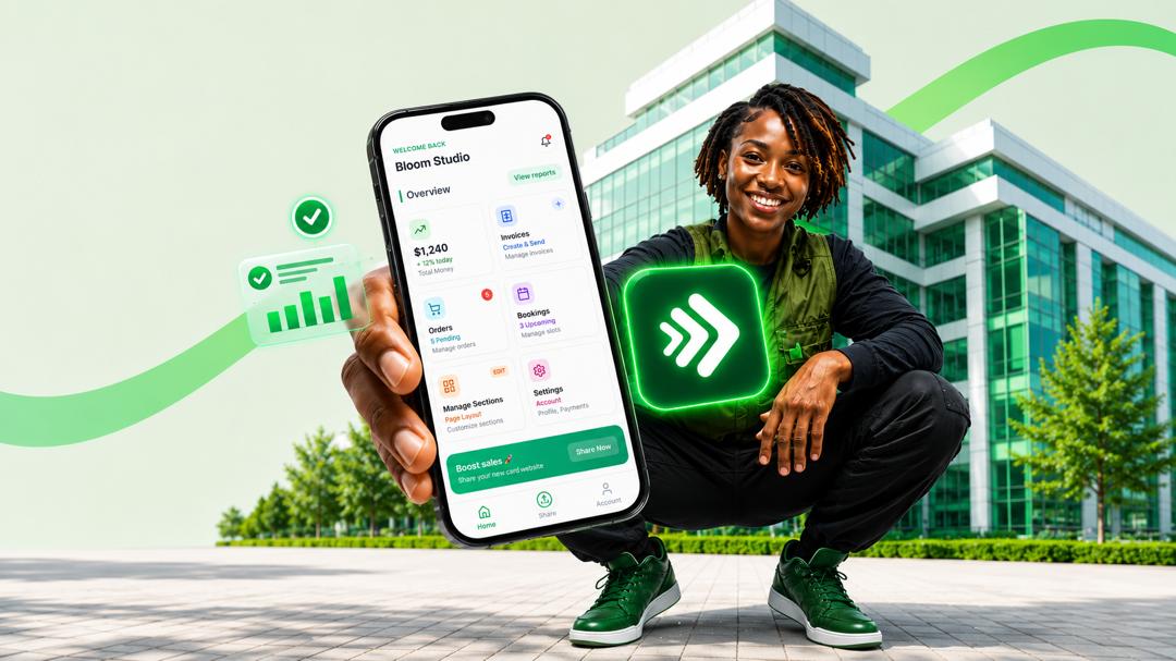 Swipe dashboard showing the business page builder with sections, theme controls, and live preview